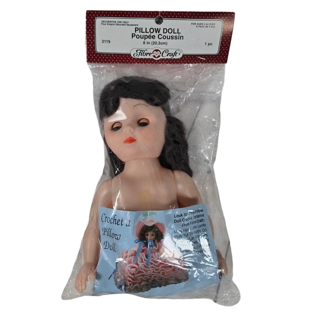 Fibre Craft Pillow Doll 8in Blue Eyes Brunette Crochet Pattern Base 3119 Vintage